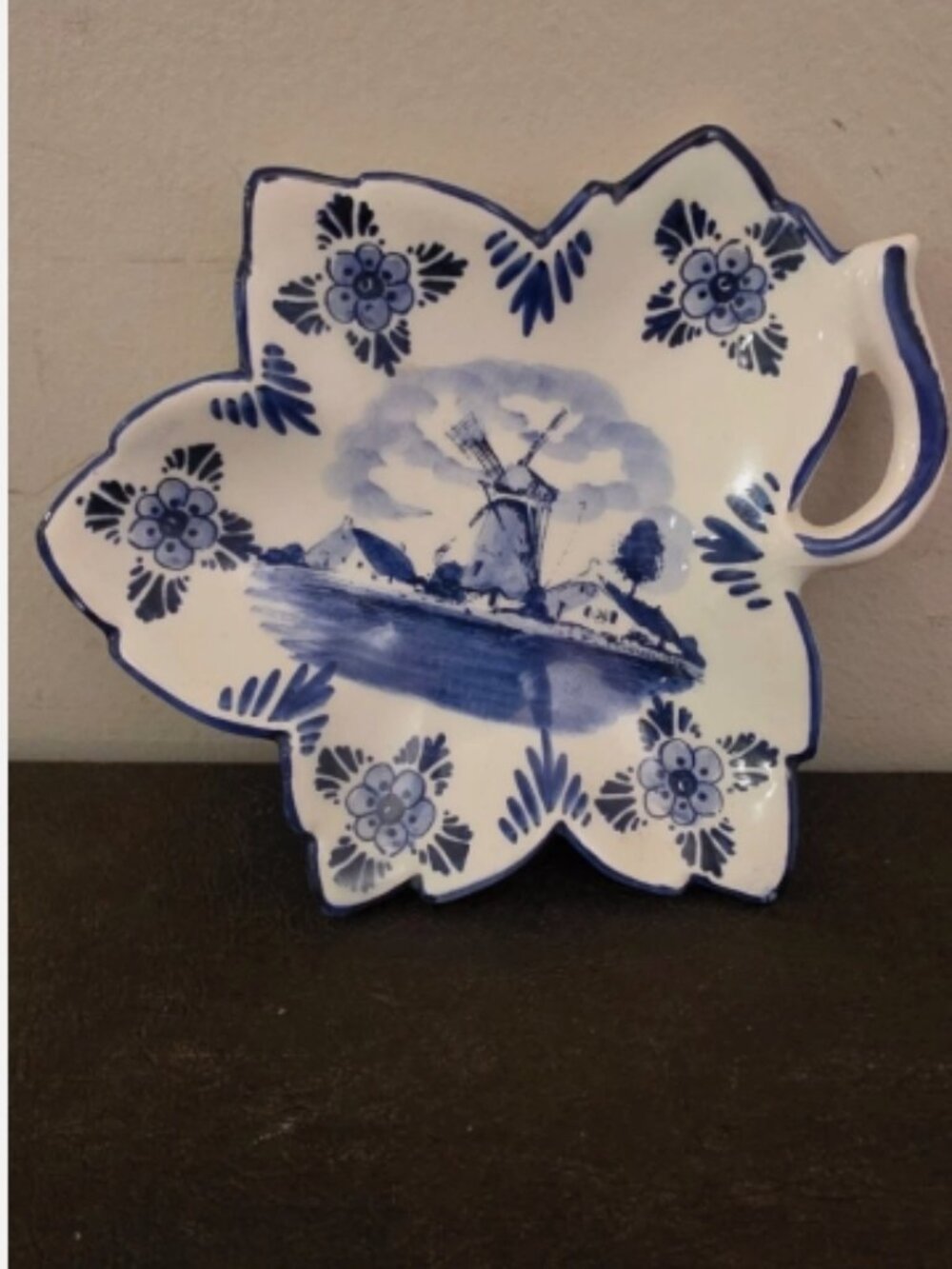 Vintage Delft Blue Dutch Ceramic Leaf-Shaped Hand Painted Dish